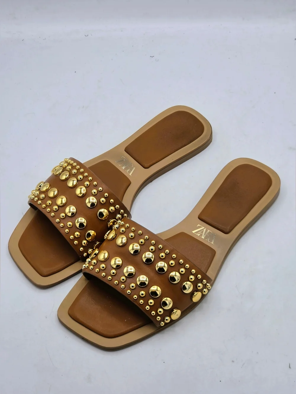 Zara Studded Flat Leather Slide Sandals Size 7.5 - Picture 5 of 14